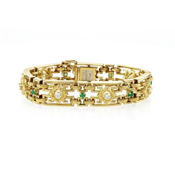 Vintage TIFFANY & Co. 18K Yellow Gold Diamond and Emerald Bracelet Size 6.5" - Picture 1 of 5